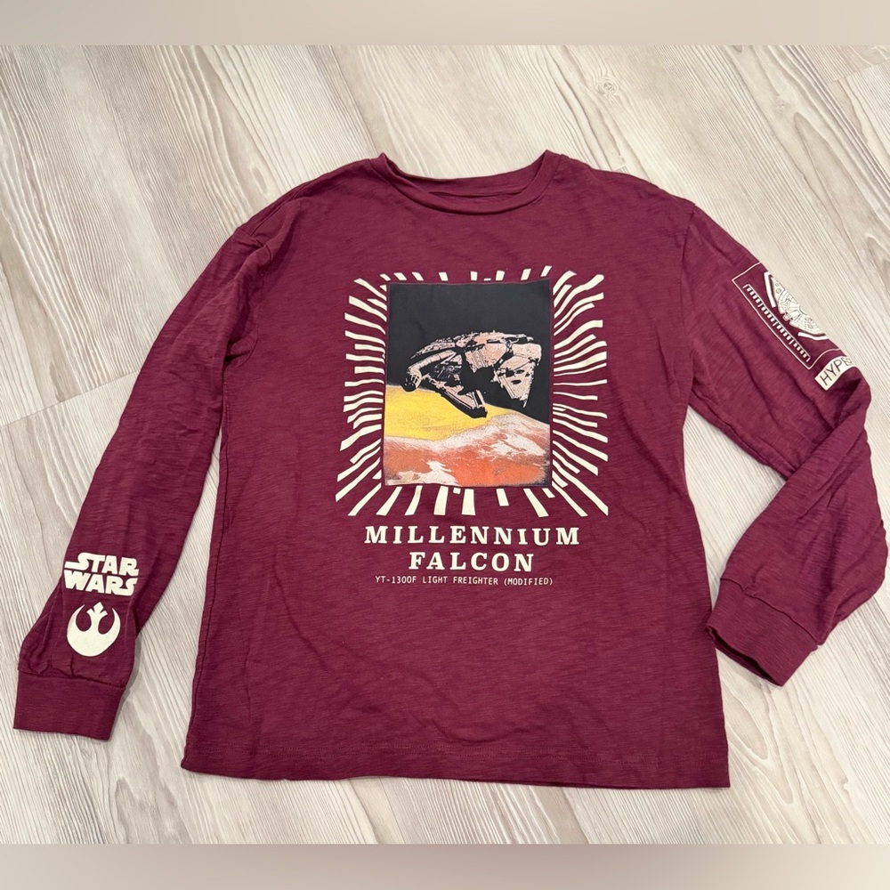 STARWARS x GAP. L/S Tee Shirt. Youth Size XL. Burgundy. GUC. Millennium Falcon